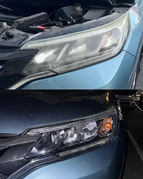Blue Honda CR-V headlight: oxidized and foggy before, clear after