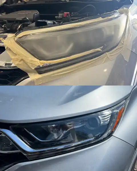 Silver Honda CR-V headlight: taped off and hazy before, clear after