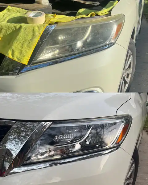 Nissan Pathfinder headlight: hazy before on top, clear after on bottom