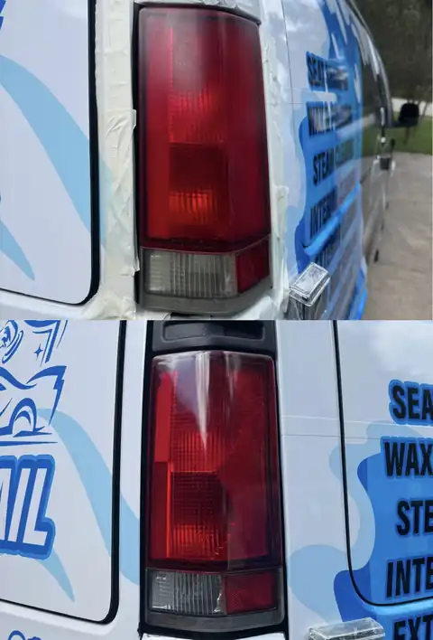 Work van tail light: faded before, deep red after